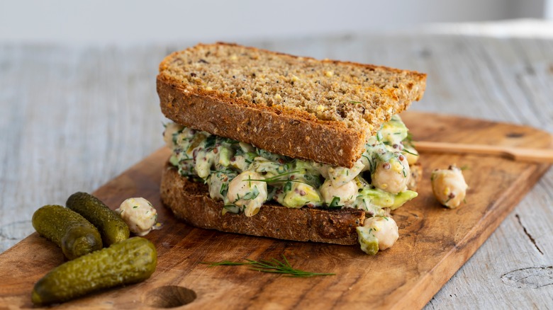 Chickpea salad sandwich on board