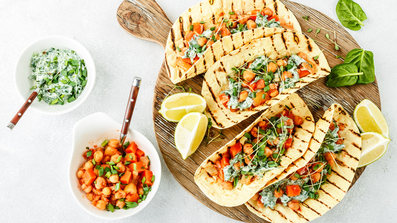 Chickpea filling on grilled tacos