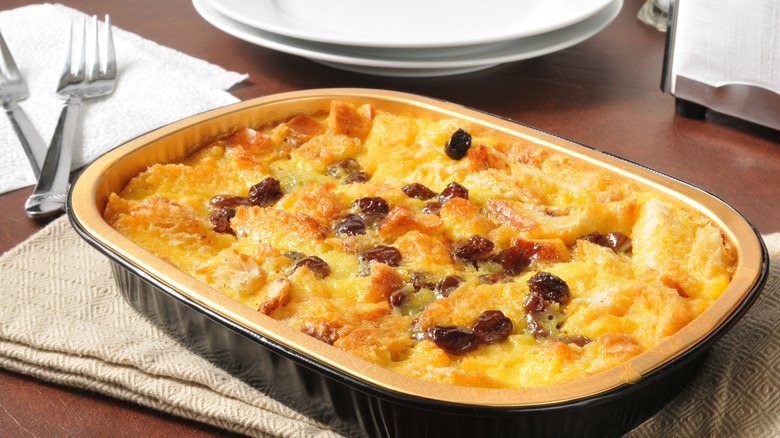 casserole dish filled with bread pudding