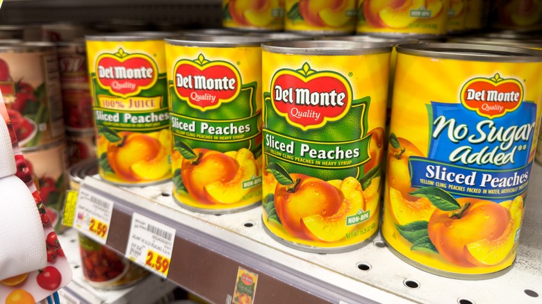 canned peaches on shelf