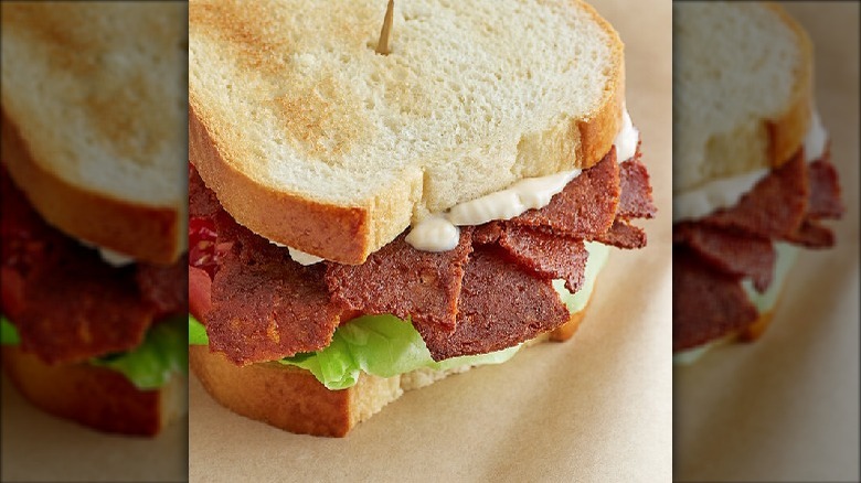 Upton's Naturals seitan bacon in sandwich