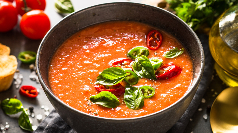 bowl of gazpacho with basil