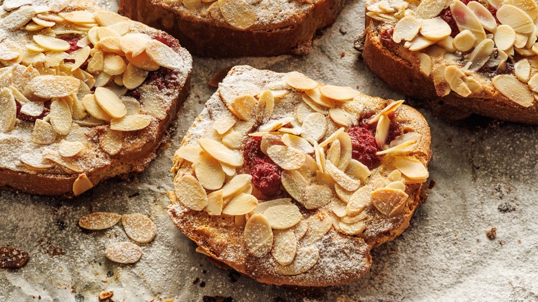 Slices of raspberry and almond bostock