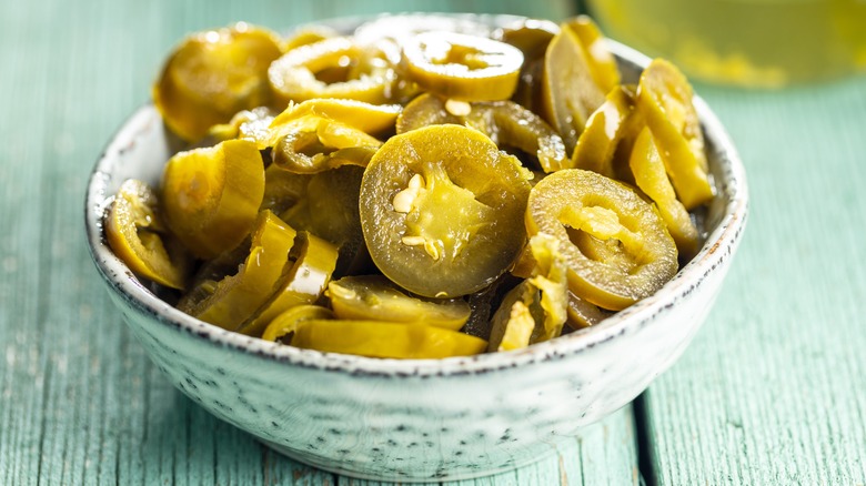 Pickled jalapeños in bowl 