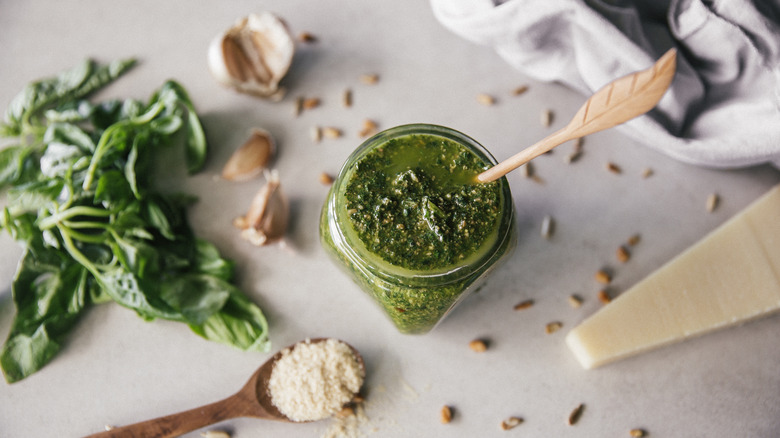 Homemade jar of pesto