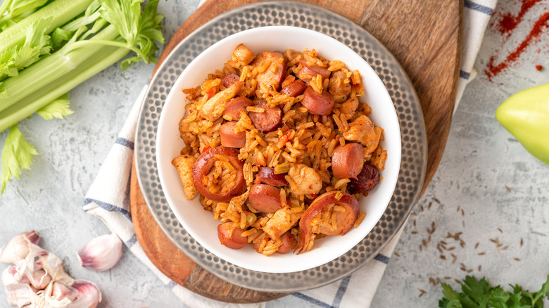 Bowl of jambalaya with celery