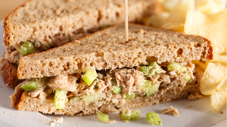 Tuna salad sandwich sliced in half