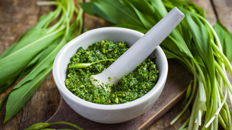 Mortar and pestle with pesto