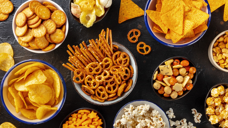 bowls of crunchy snacks