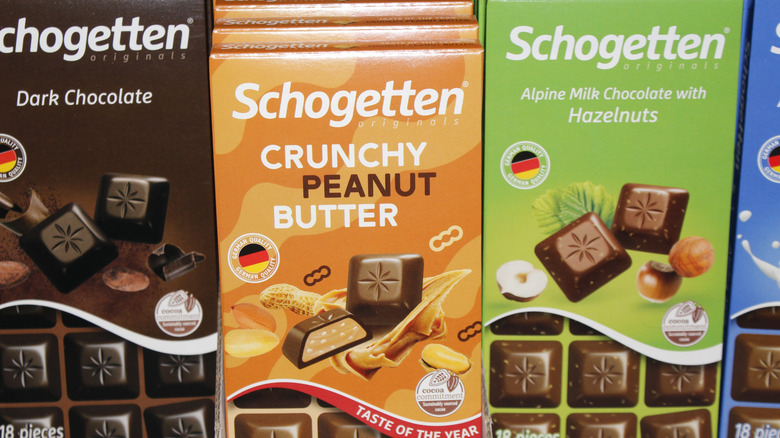 Variety of Aldi Schogetten chocolates on display in Aldi store