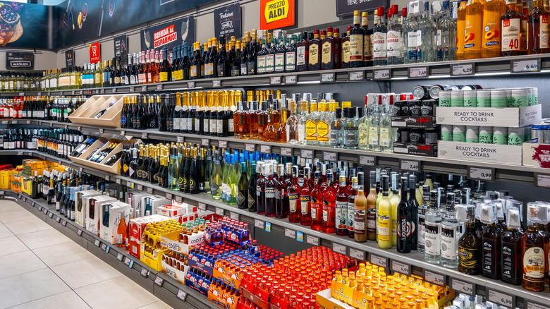 Interior of Aldi supermarket, with alcohol on display