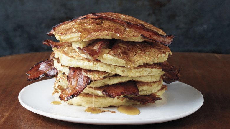 stack of pancakes with bacon