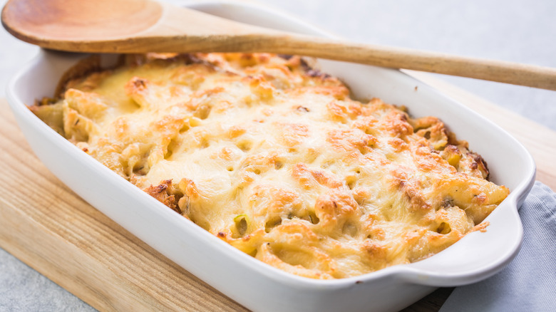 dish of cheesy baked casserole