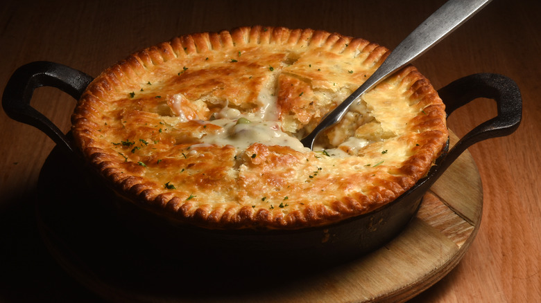 chicken pot pie in cast iron skillet