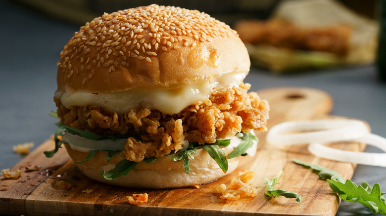 fried chicken sandwich on sesame seed bun