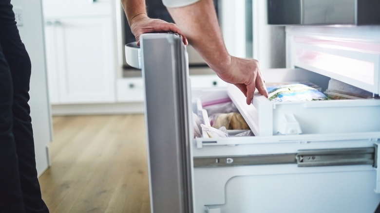 person searching freezer drawer