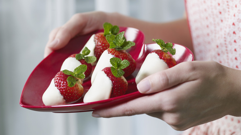 white chocolate coated strawberries dish