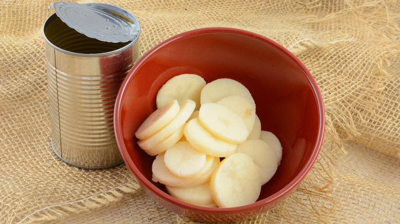 canned potatoes in red bowl