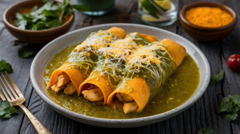 Green chicken enchiladas on plate