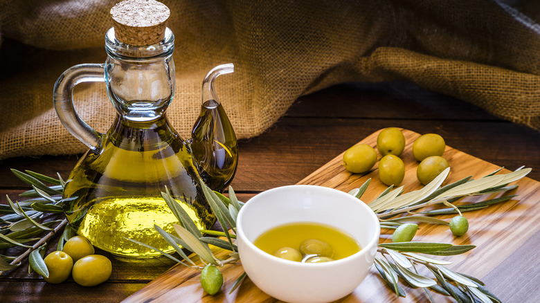 olive oil bottle and bowl