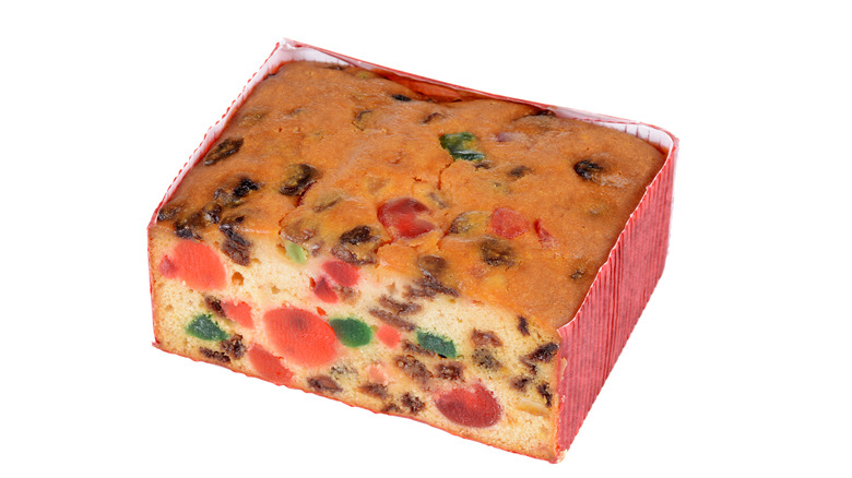 Sliced and partially wrapped fruitcake