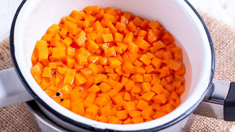 Carrot cubes in colander