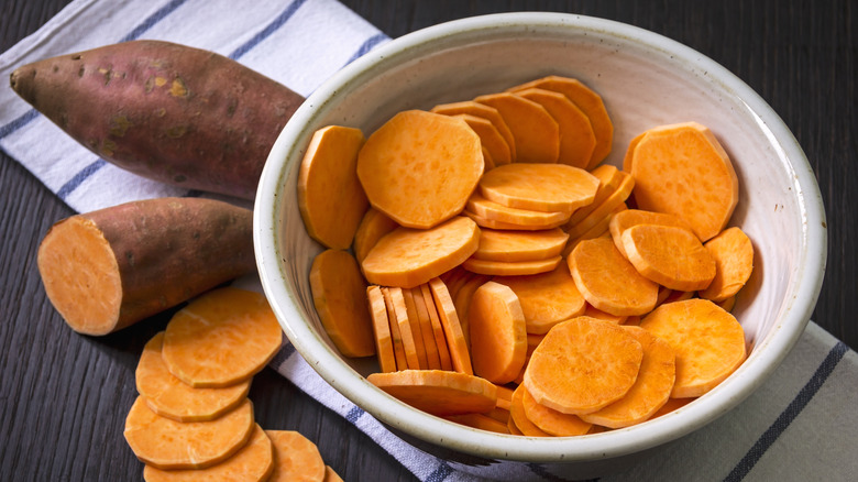 sliced sweet potatoes in bowl