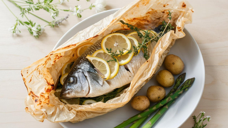 Fresh whole sea bass baked in parchment paper with lemon and herbs.