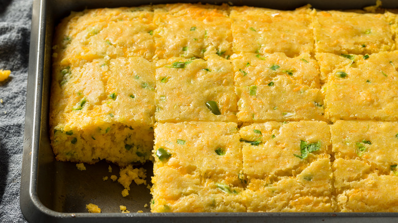 jalapeño cornbread cut into squares