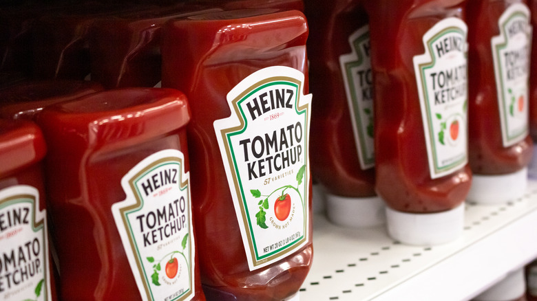 Ketchup bottles on store shelf