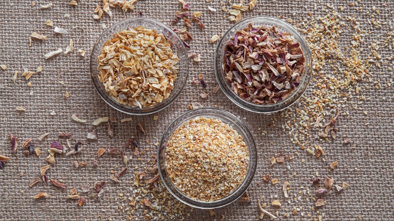 bowls of dried onion spices