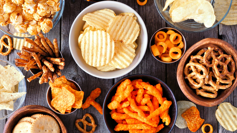 bowls of chips and snacks