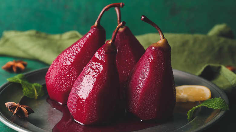 Pears poached in port