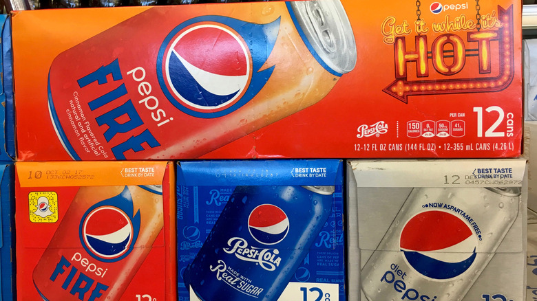 Cases of Pepsi products, including Pepsi Fire