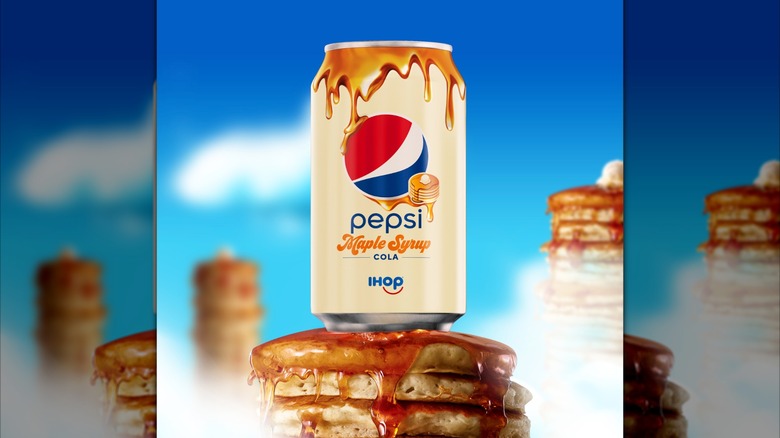 Promotional picture for Pepsi Maple Syrup Cola, which features a can of Pepsi Maple Syrup Cola sitting on top of stack of pancakes