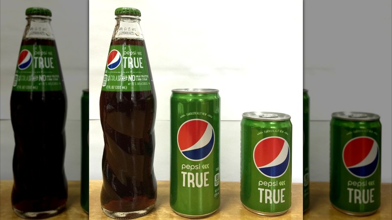 Bottle and cans of Pepsi True