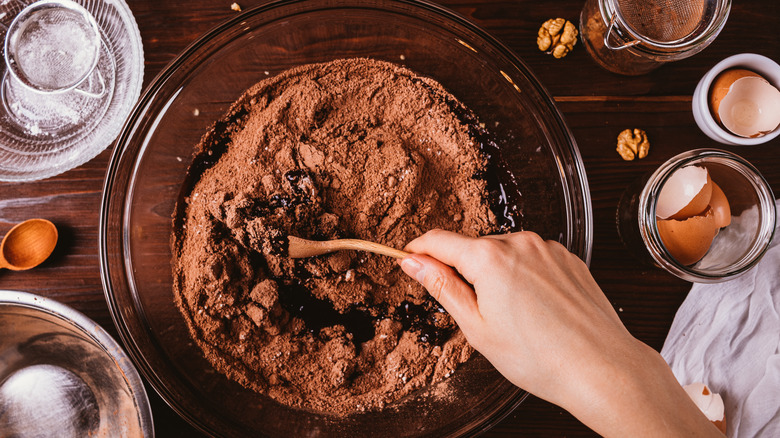 Hand mixing chocolate cake batter