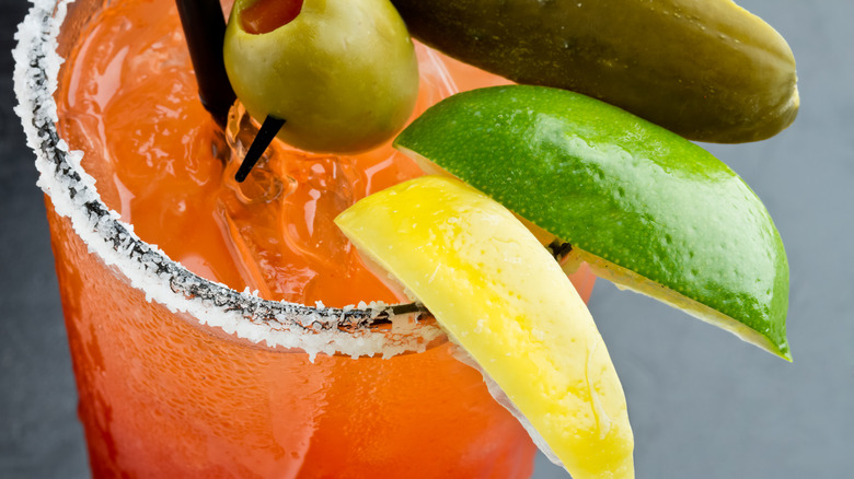 Close up of bloody mary with garnishes