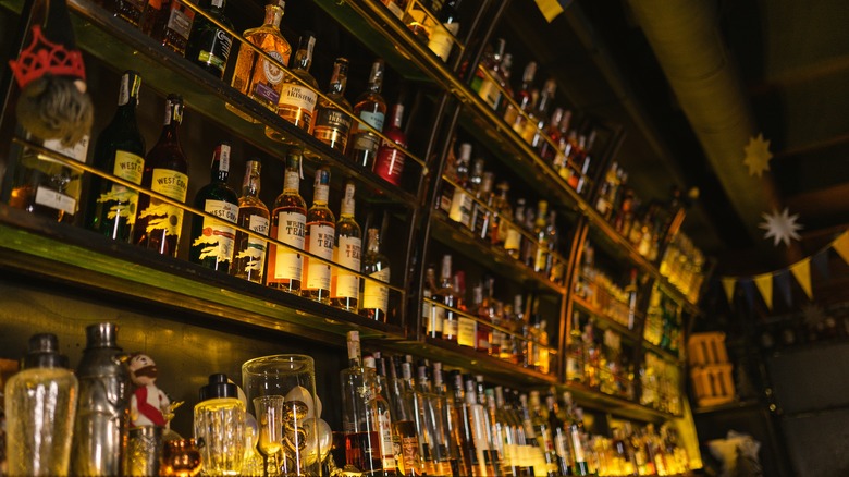 Bar shelves with spirits bottles