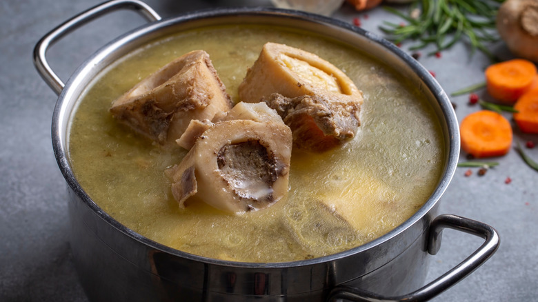 Pot of homemade beef bone broth