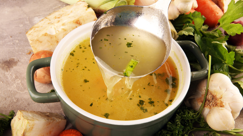 Pot of vegetable broth surrounded by vegetables