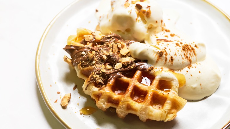 waffle with whipped cream and chocolate