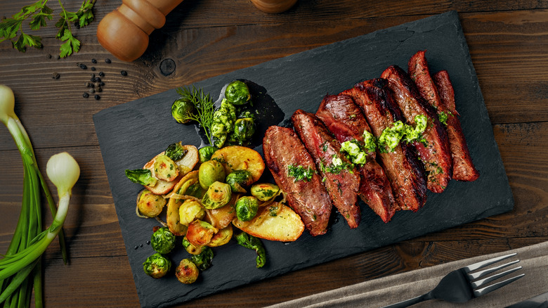 pan-seared hanger steak with vegetables