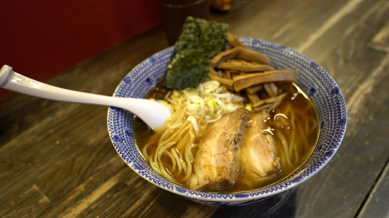 A bowl of ramen on table