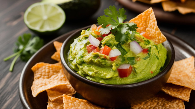 Guacamole in bowl with chips