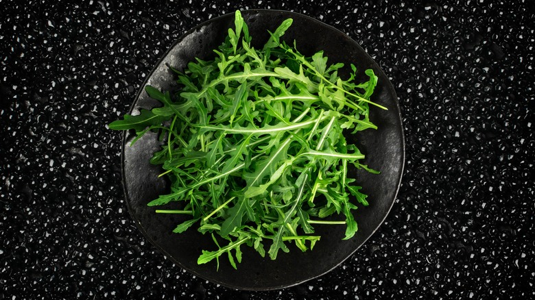 Arugula on black plate