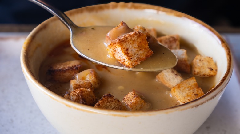 bowl of soup with croutons