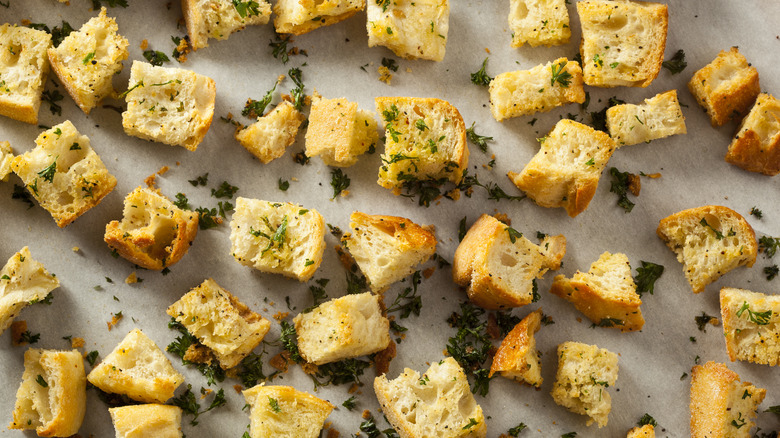 Croutons on baking tray