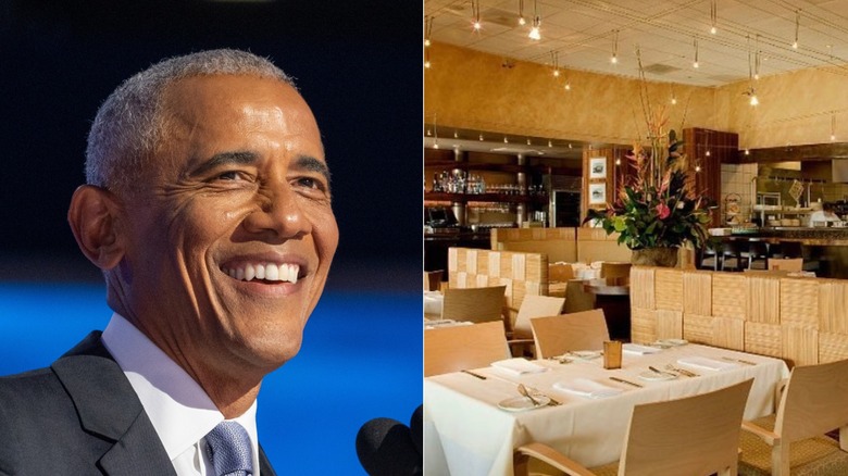 Side-by-side picture of Barack Obama and the interior of Alan Wong's