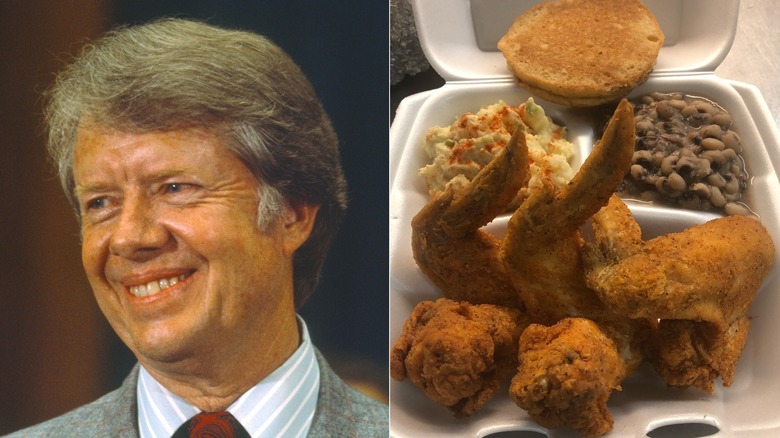 Side-by-side picture of Jimmy Carter and a portion of fried chicken wings, beans, and potato salad from Bonita's Restaurant